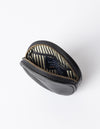 Luna Purse Black Soft Grain Leather. Circular coin purse, wallet for men and women. Inside image.