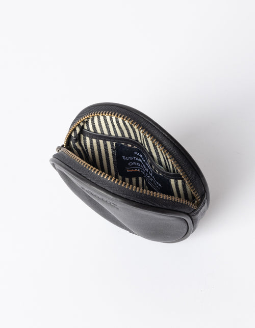 Luna Purse Black Soft Grain Leather. Circular coin purse, wallet for men and women. Inside image.