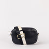 Front product image of Maya black classic leather crossbody bag with adjustable leather strap