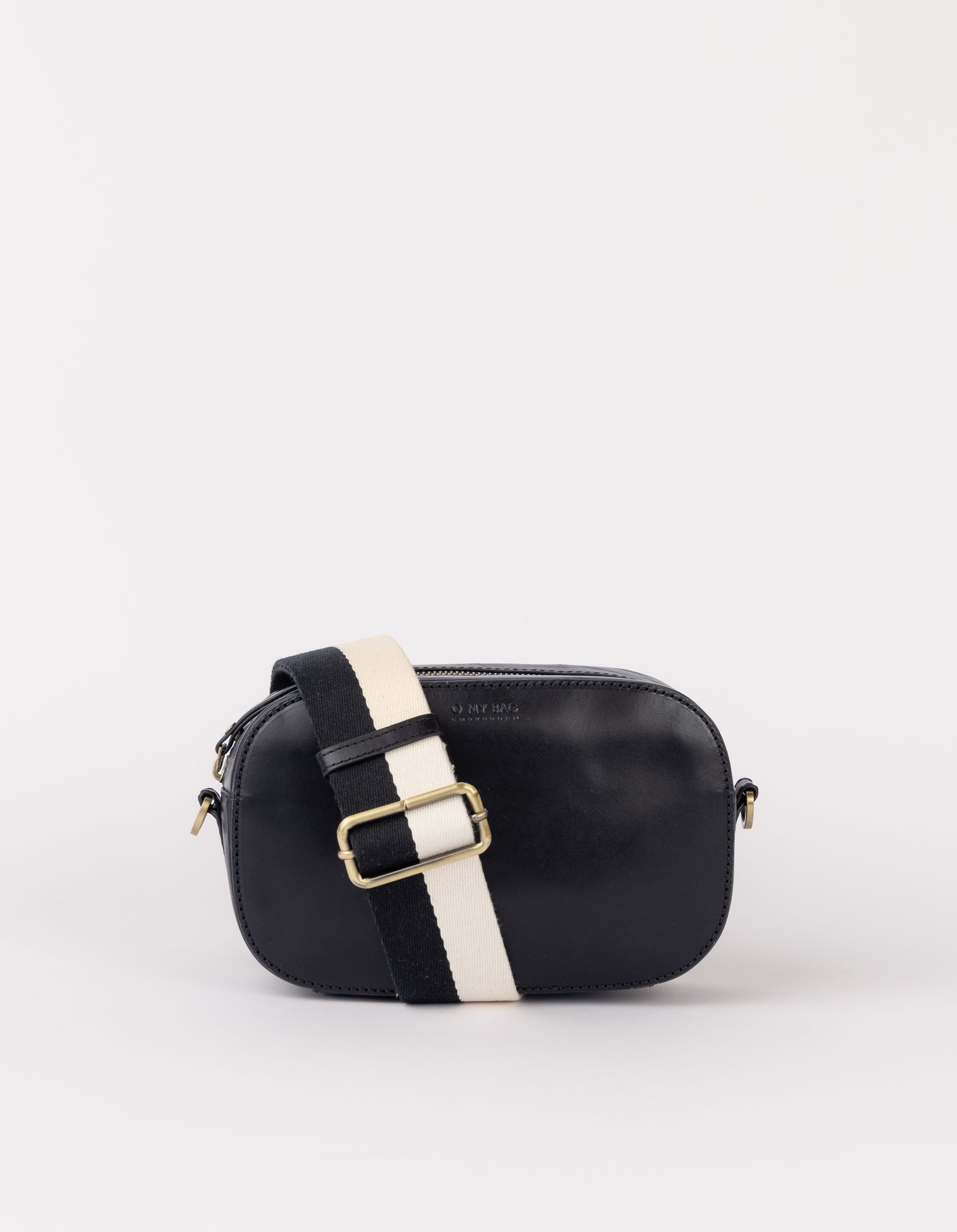 Front product image of Maya black classic leather crossbody bag with adjustable leather strap