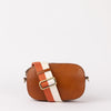 Front product image of Maya cognac classic leather crossbody bag with adjustable leather strap