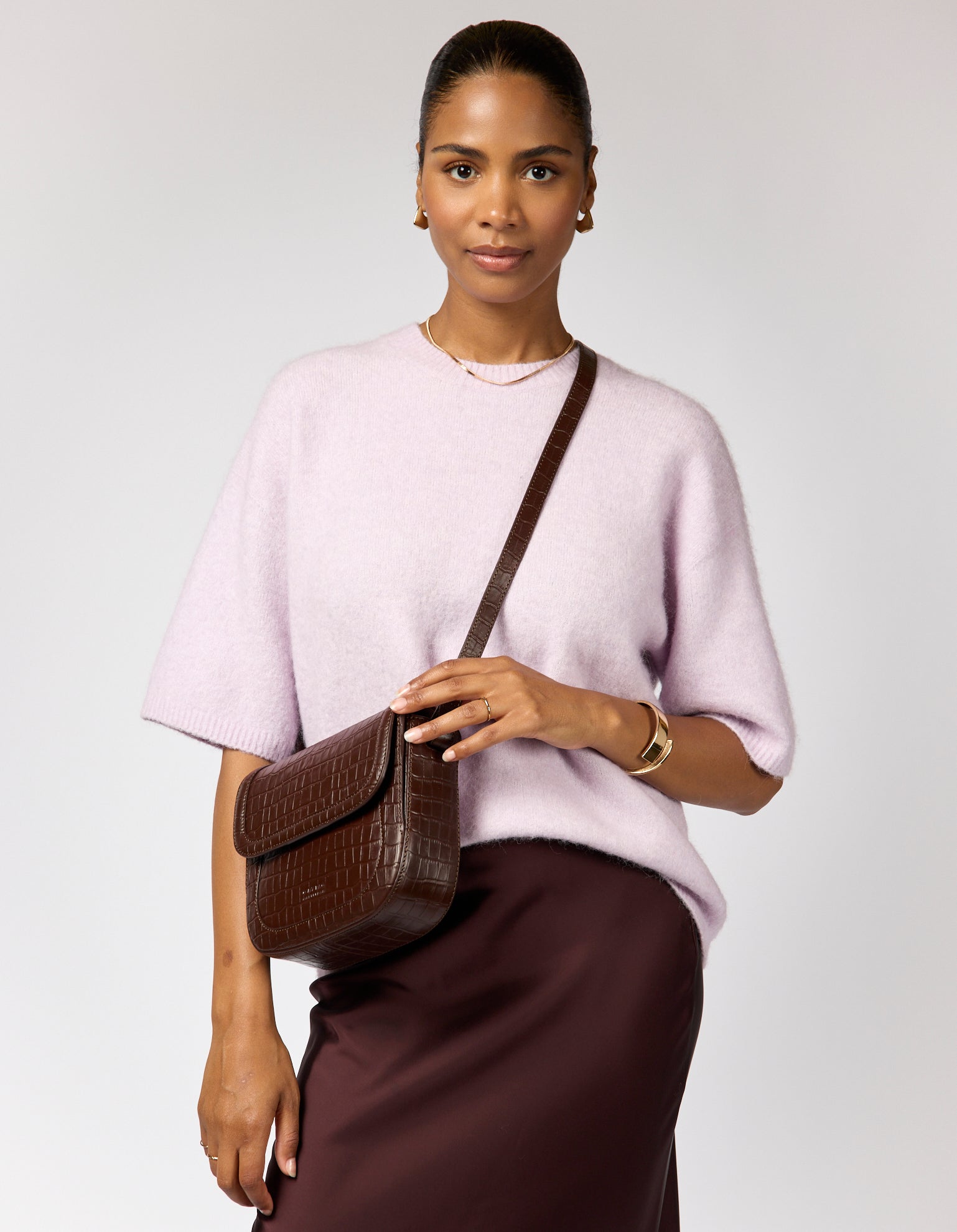 Nina - Chocolate Croco Print Leather