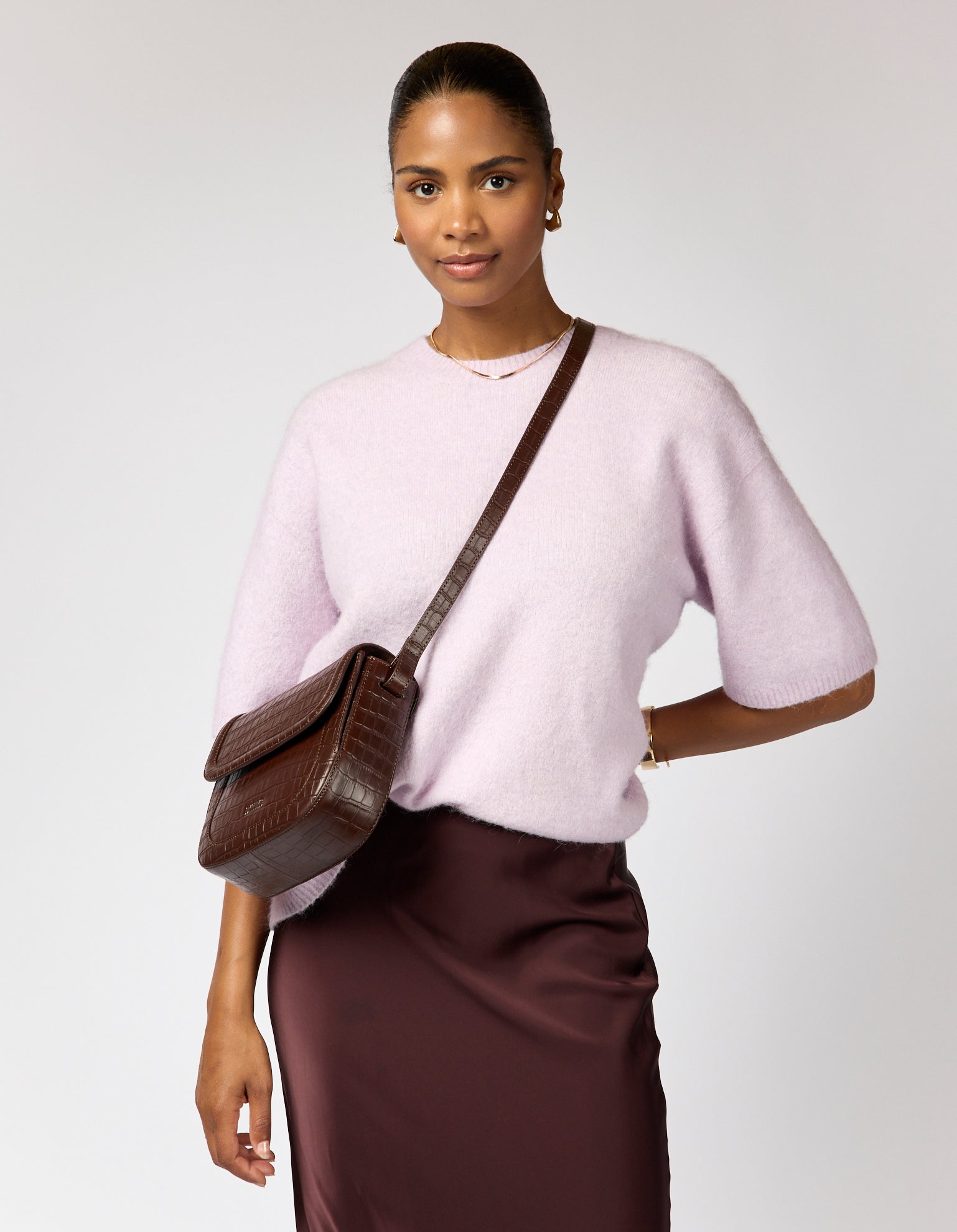 Nina - Chocolate Croco Print Leather