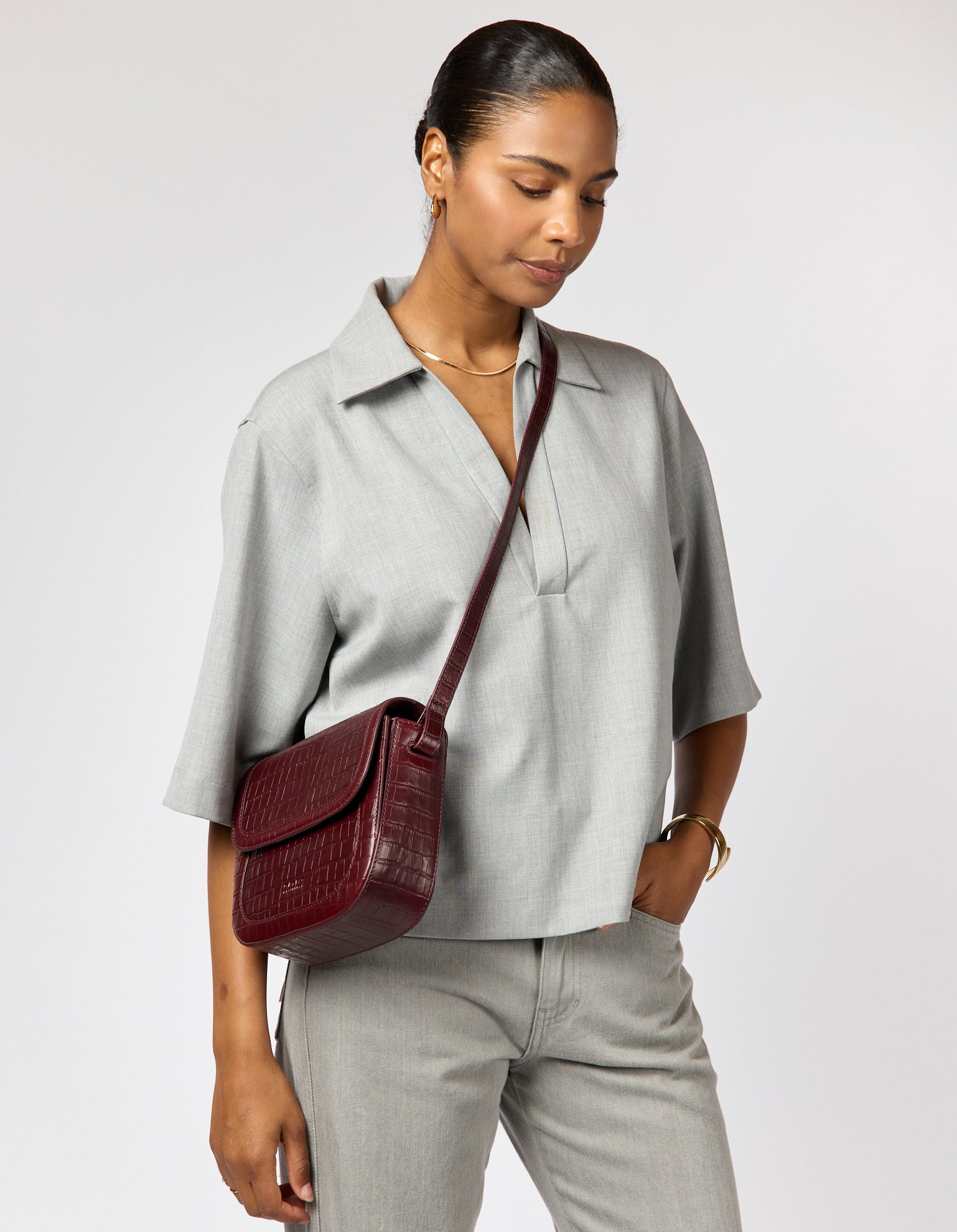 Nina - Dark Cherry Croco Print Leather