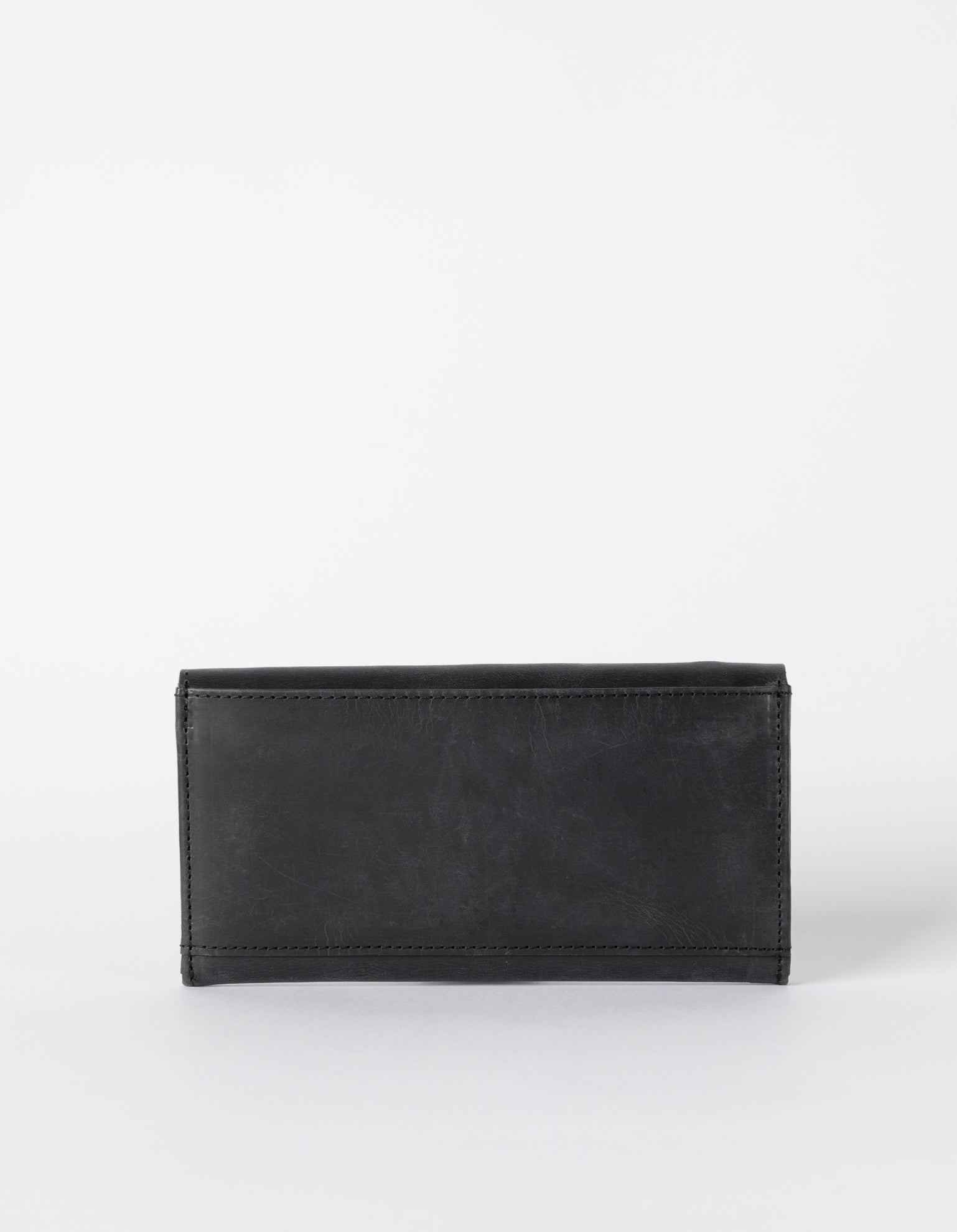 Pixie Pouch Black Hunter Leather. Rectangular shaped fold over wallet. Back product image.