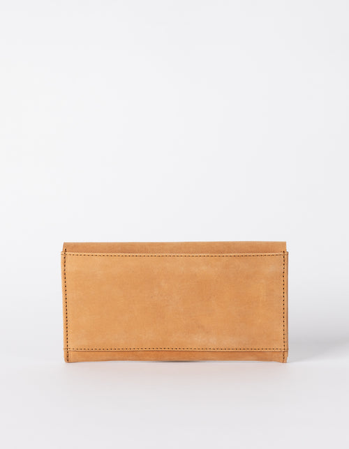 Pixie Pouch Camel Hunter Leather. Rectangular shaped fold over wallet. Back product image.