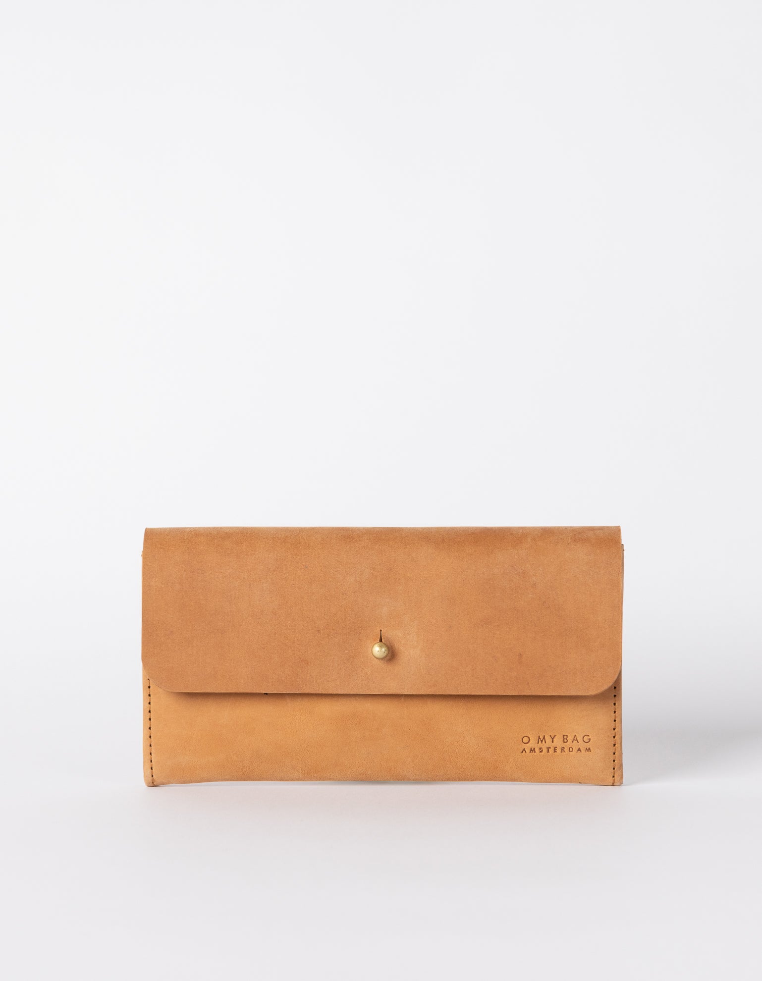 Pixie Pouch Camel Hunter Leather. Rectangular shaped fold over wallet. Front product image.