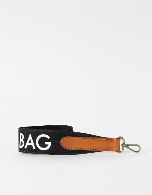 Black canvas cotton handbag strap with cognac leather details and logo print. product image