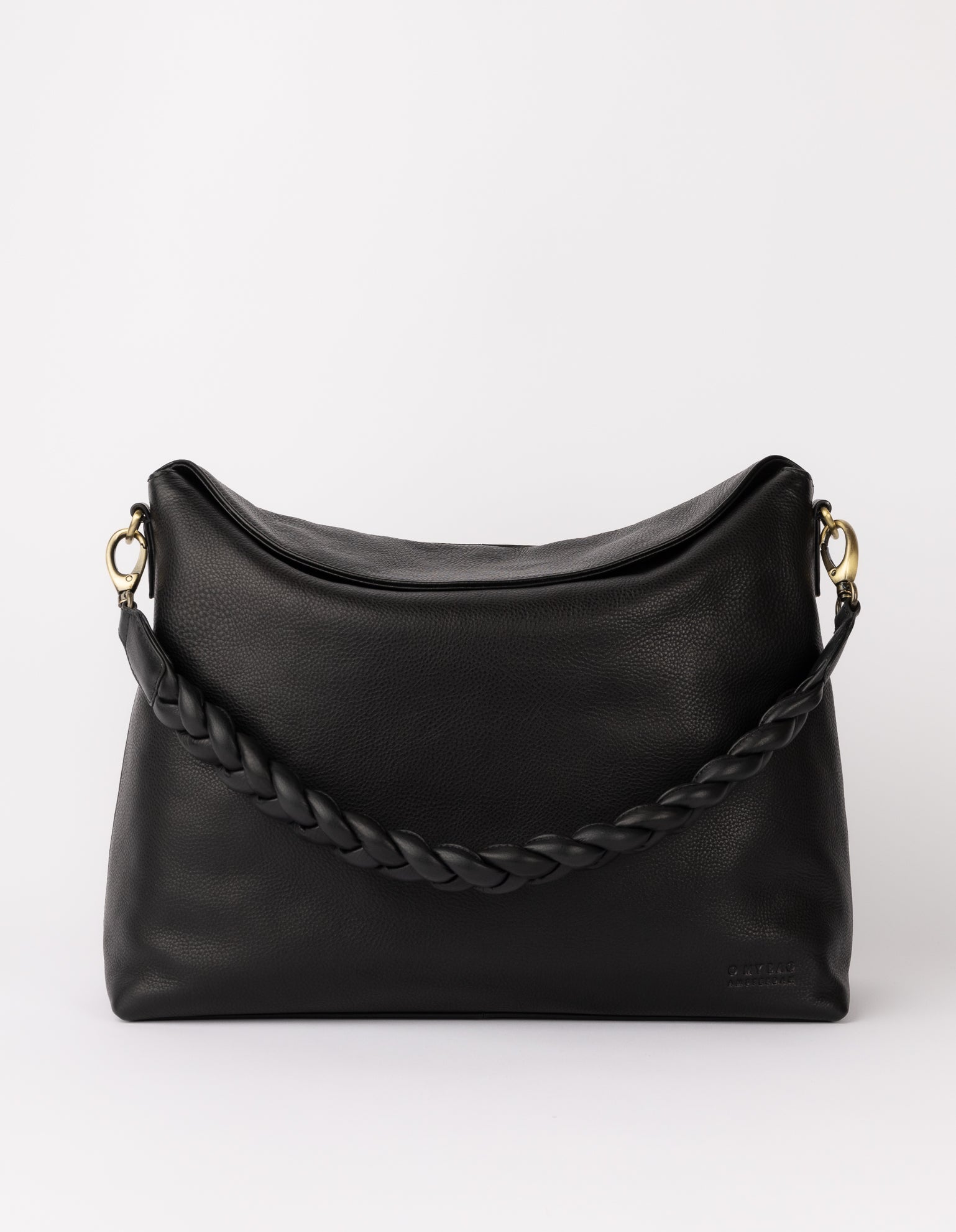 Front product image of Sienna black soft grain leather crossbody work bag with braided shoulder strap