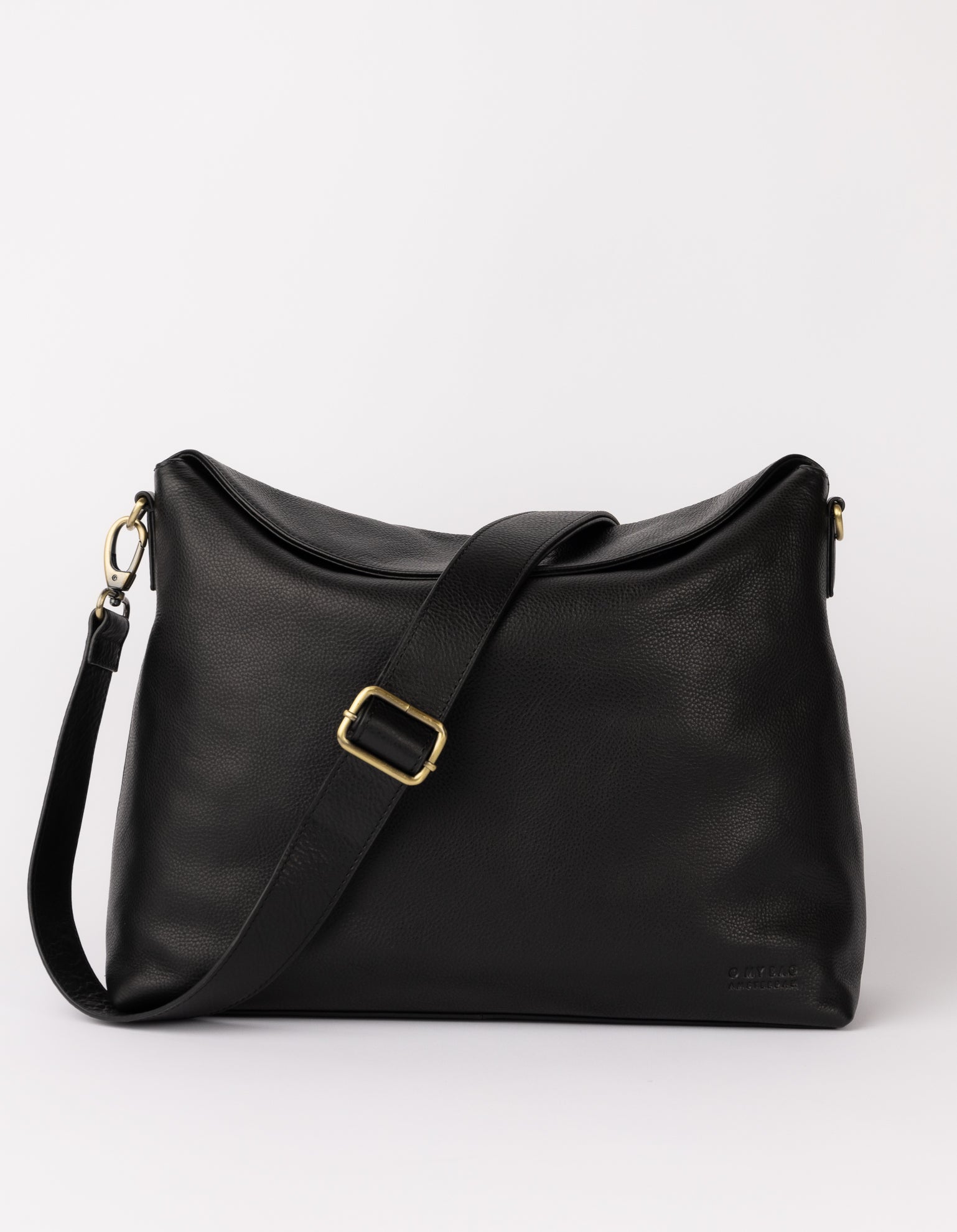 Front product image of Sienna black soft grain leather crossbody work bag with adjustable leather strap