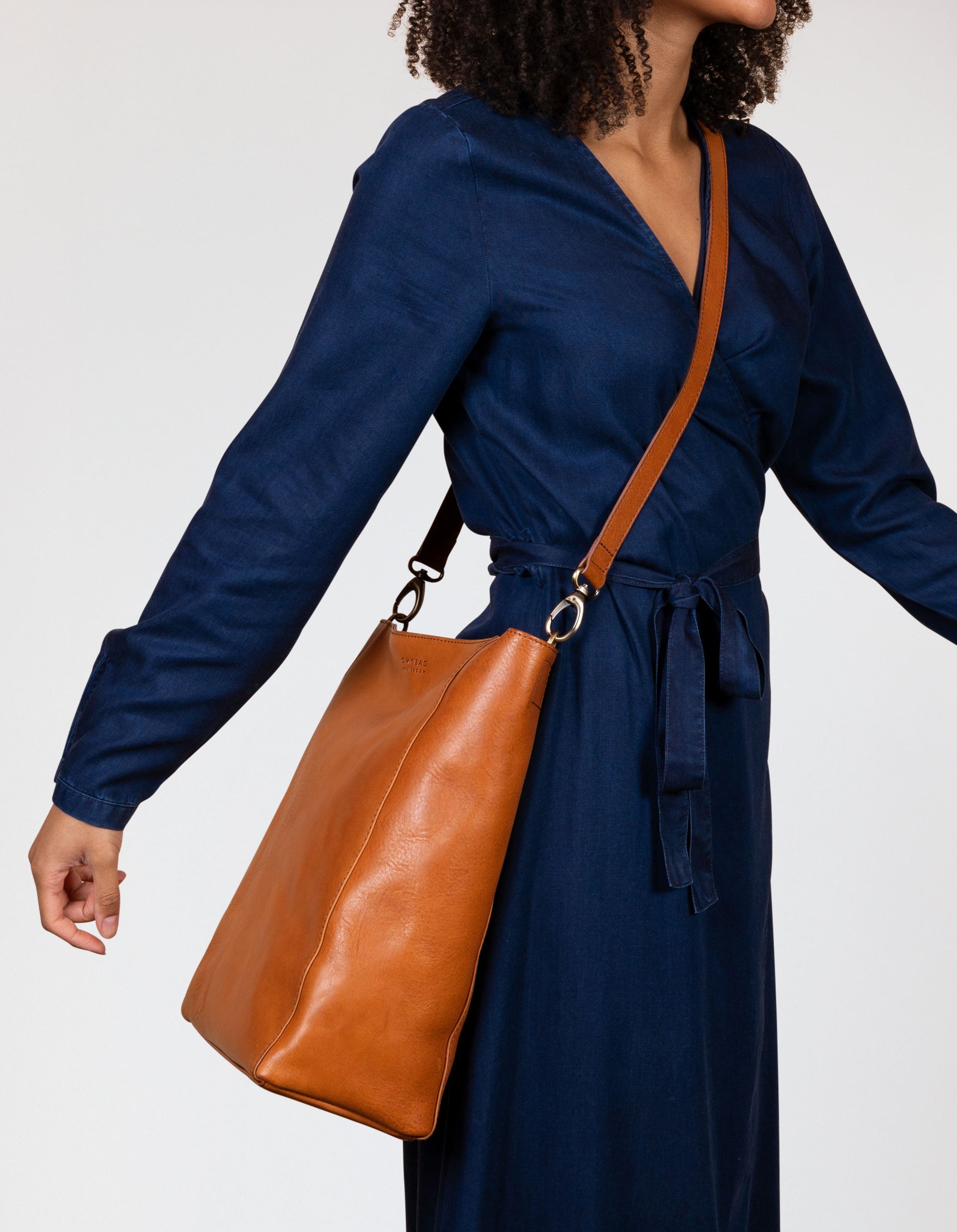 Sofia Cognac Leather Stromboli Leather, female model image