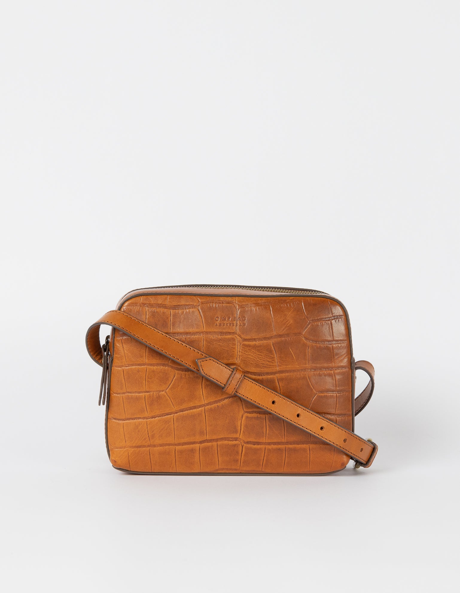 Sue Cognac Classic Croco Leather Handbag front with strap.