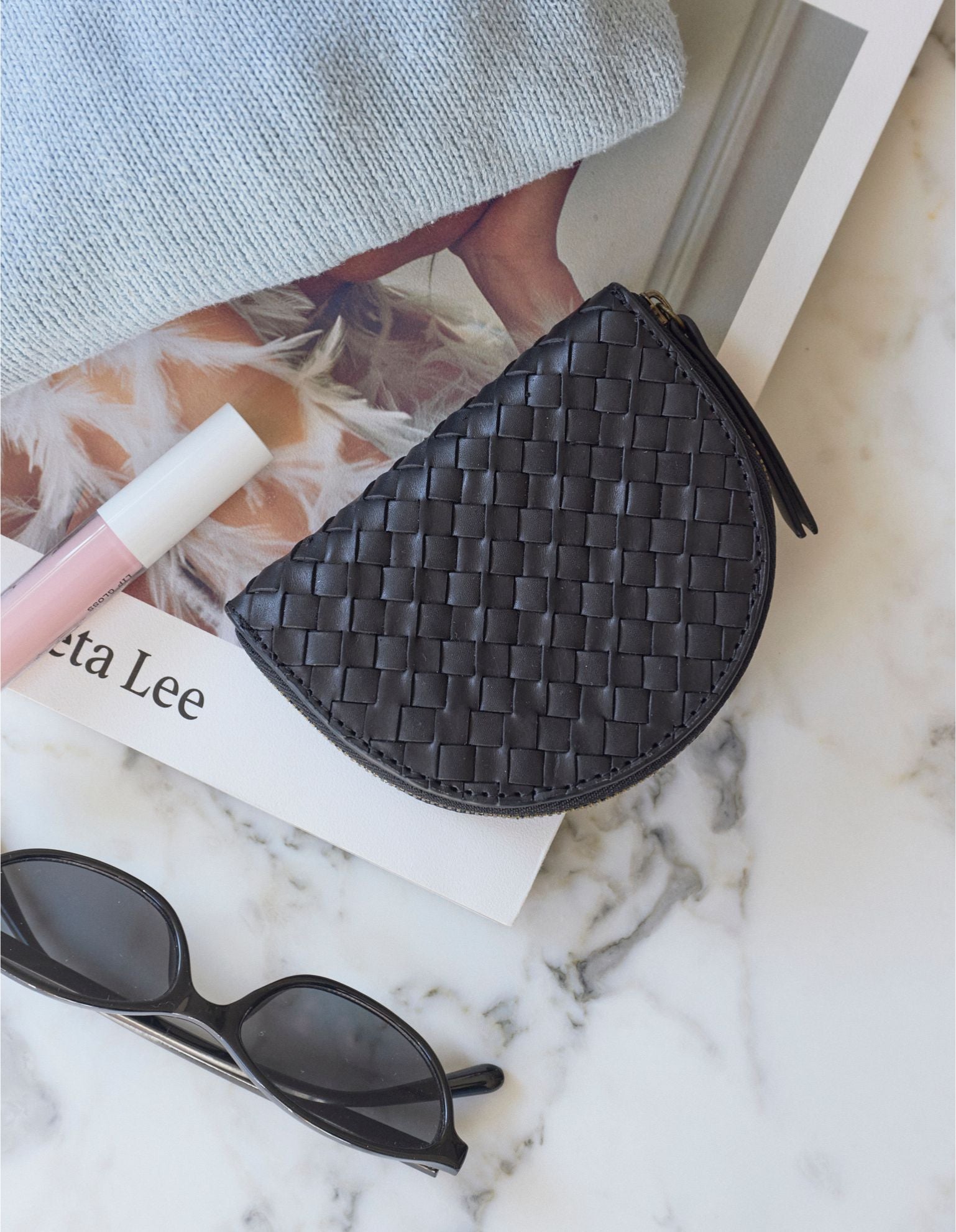 Laura Coin Purse - Black Woven Classic Leather