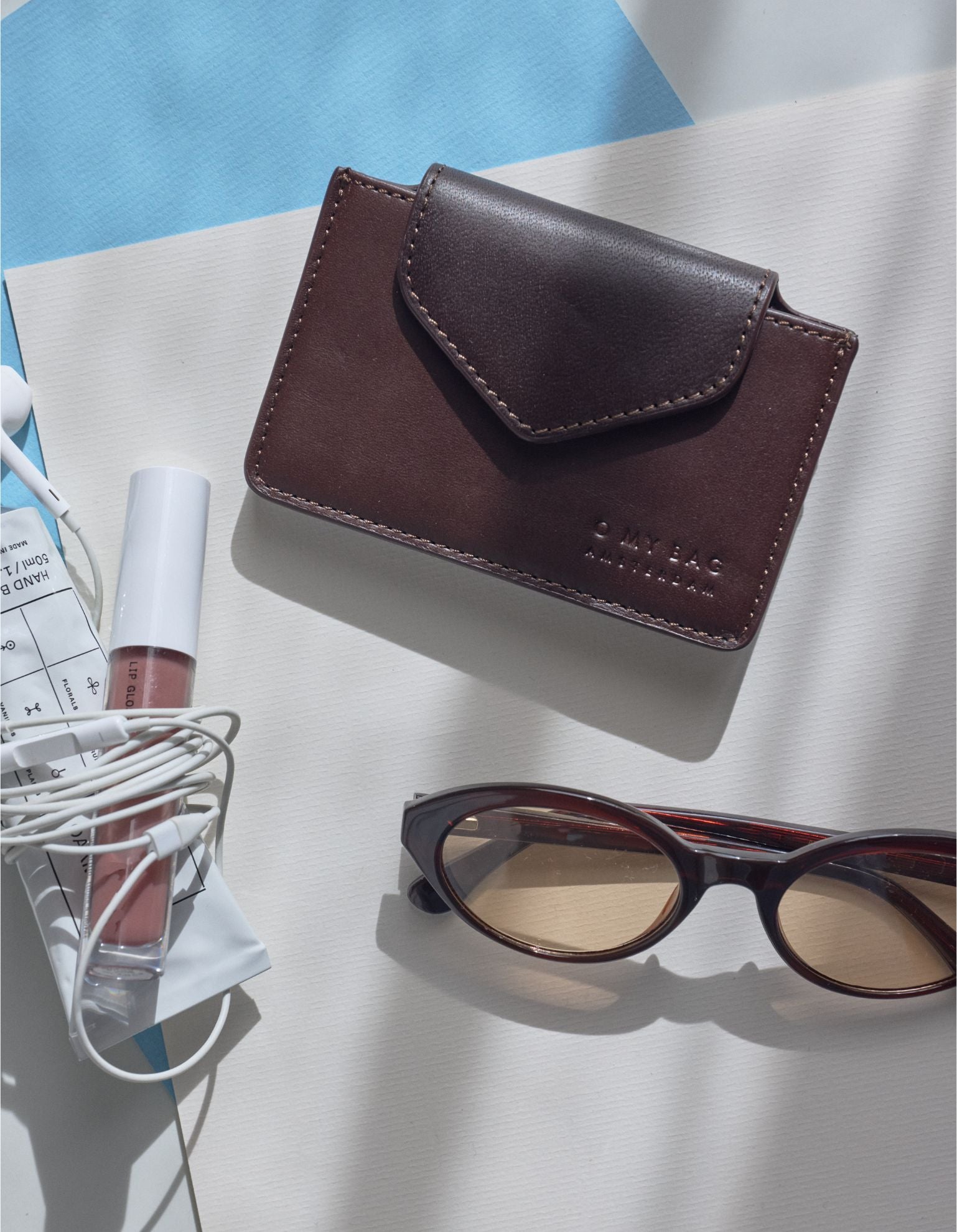 Harmonica Wallet Small Chocolate Classic Leather by O My Bag. Square shape. Lifestyle product image