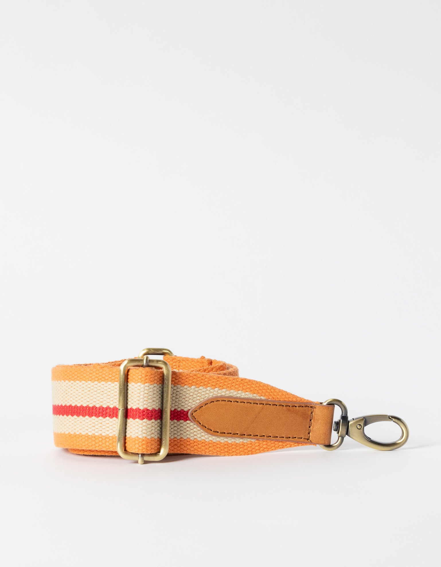 Webbing strap in orange & red with cognac leather details - product image