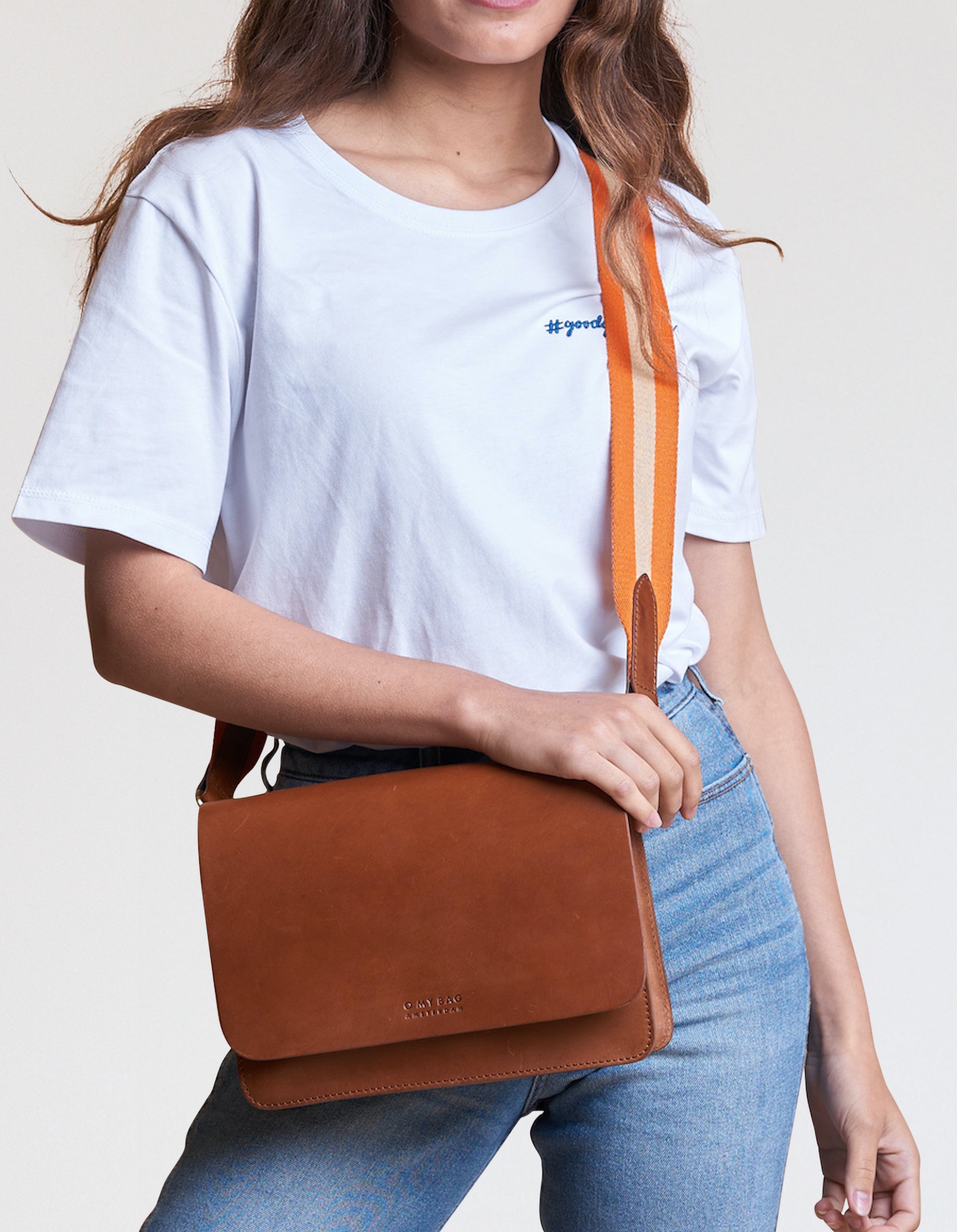 Webbing Strap Orange Webbing with Cognac Leather with Audrey