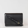 Audrey black classic leather bag. With adjustable leather strap. Front product image.