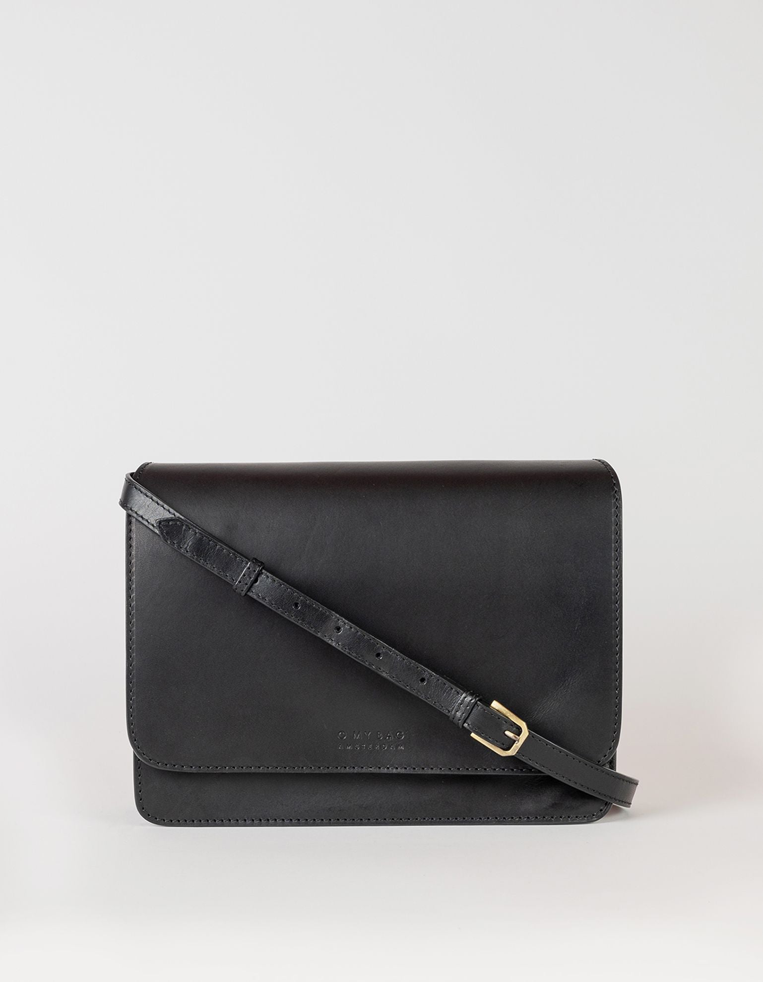 Audrey black classic leather bag. With adjustable leather strap. Front product image.