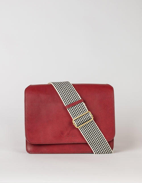 Audrey ruby classic leather bag with checkered webbing strap - front product image