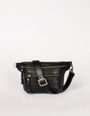 Black Croco Leather womens fanny pack. Square shape with an adjustable strap. Front product image