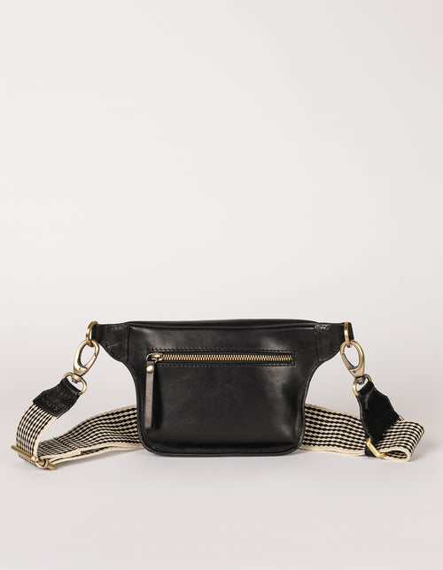 Black Leather womens fanny pack. Square shape with an adjustable strap. Back product image