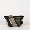 Black Leather womens fanny pack. Square shape with an adjustable strap. Front product image