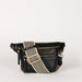 Black Leather womens fanny pack. Square shape with an adjustable strap. Front product image