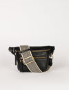 Black Leather womens fanny pack. Square shape with an adjustable strap. Front product image