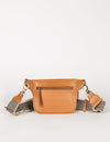 Becks Bum Bag in cognac apple leather - back product shot with checkered webbing strap