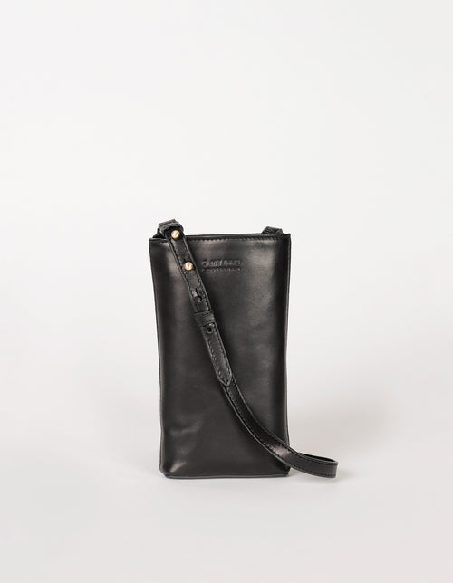 Charlie phone bag - black classic leather - front product image with adjustable leather strap