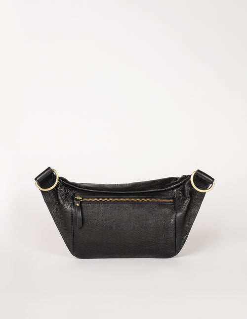 Drew Bum Bag in black soft grain leather without strap. Back product image.