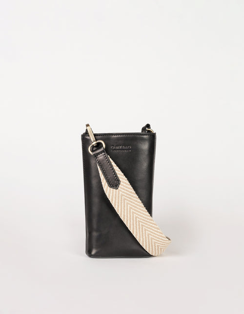 Charlie phone bag - black classic leather - product image with webbing strap