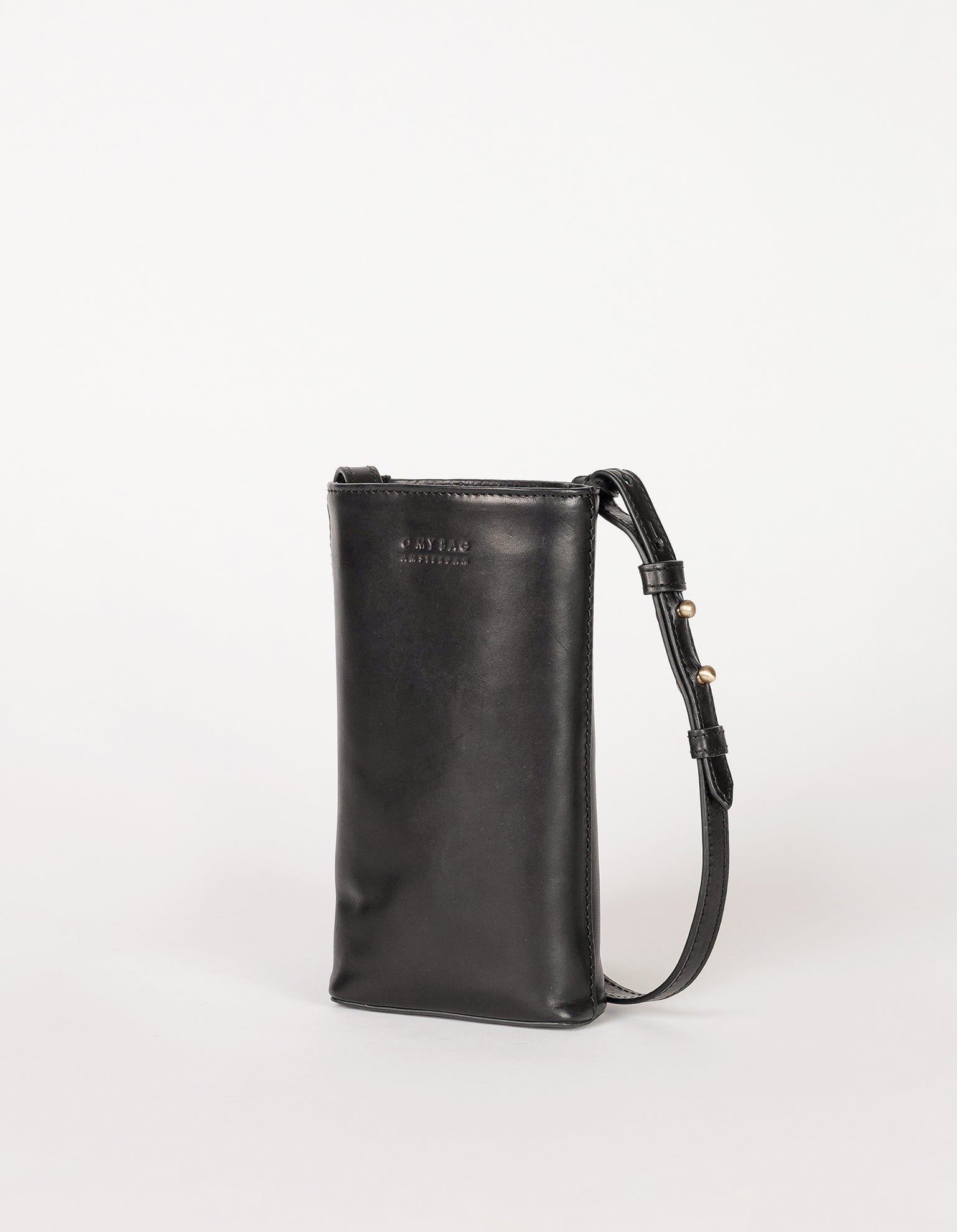Charlie phone bag - black classic leather - side product image with adjustable leather strap