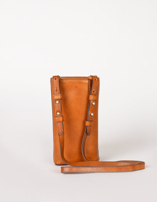 Charlie phone bag - cognac classic leather - back product image with adjustable leather strap