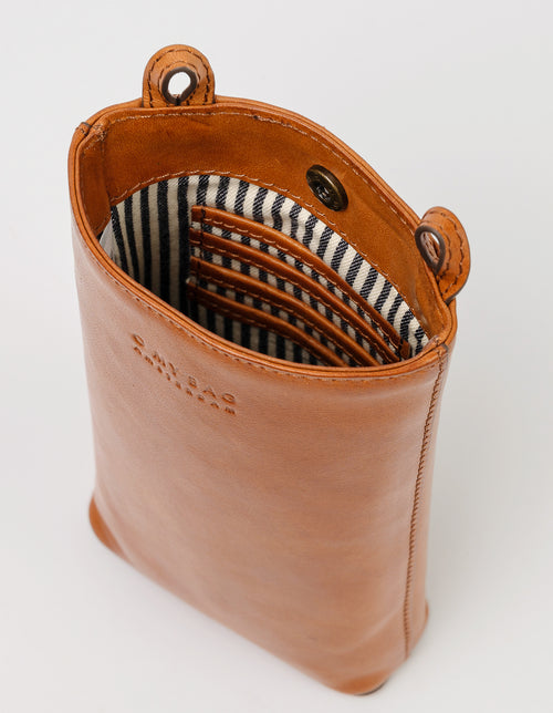 Charlie phone bag - cognac classic leather - inside product image with adjustable leather strap