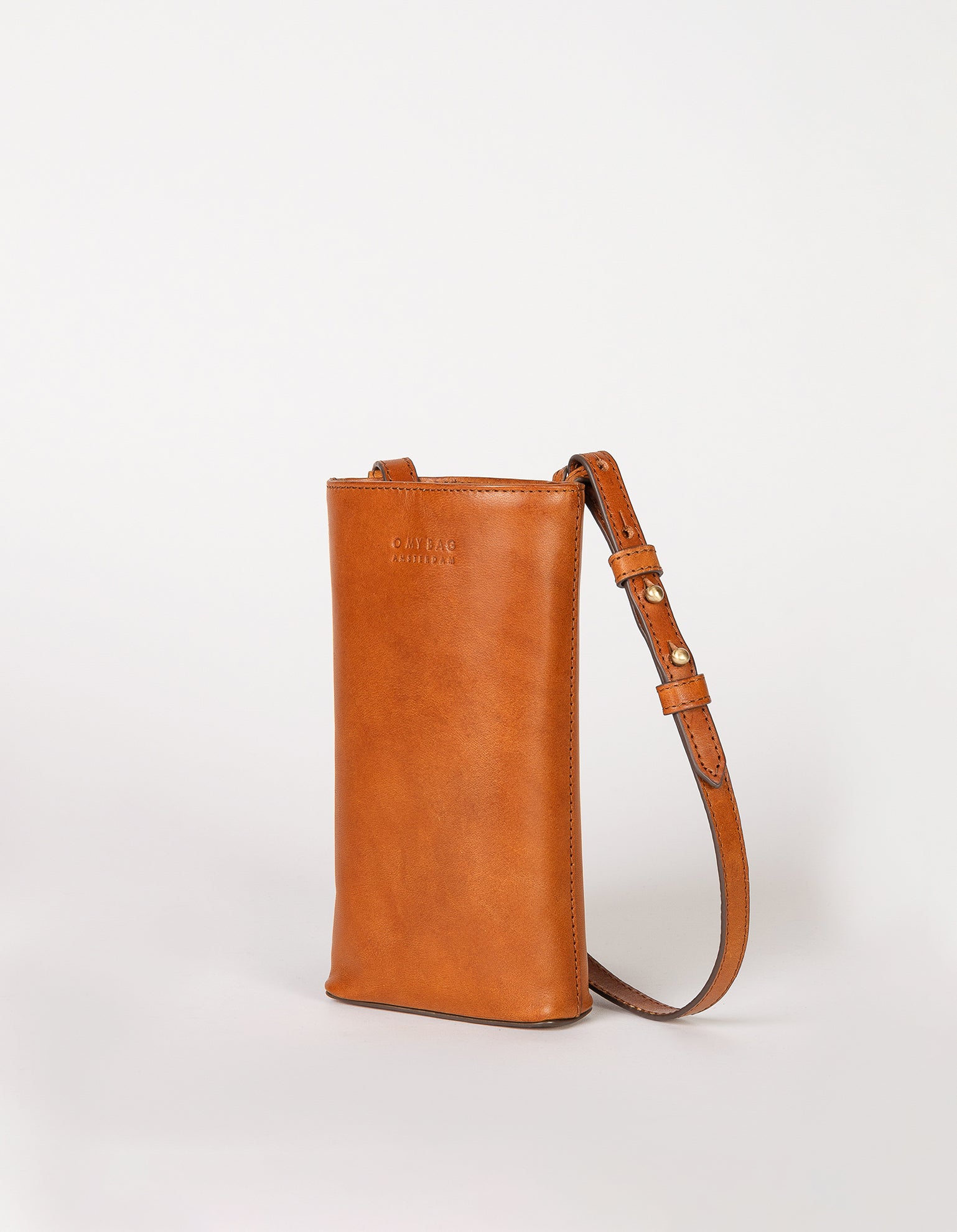 Charlie phone bag - cognac classic leather - side product image with adjustable leather strap
