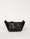 Drew Bum Bag in black soft grain leather with adjustable leather strap. Front product image.