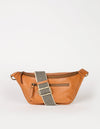 Drew Bum Bag in Wild Oak soft grain leather with checkered strap. Front product image.