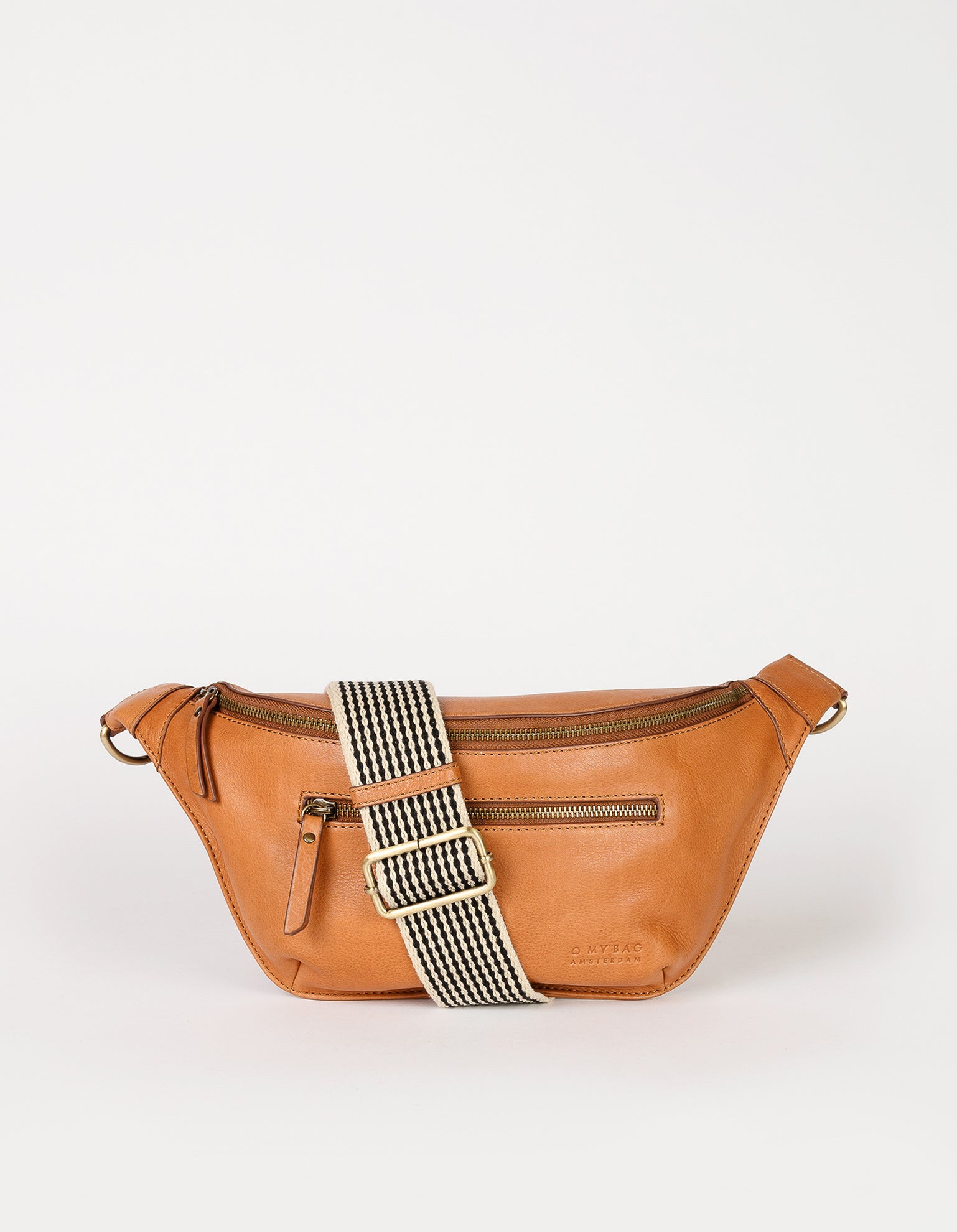 Drew Bum Bag in Wild Oak soft grain leather with checkered strap. Front product image.