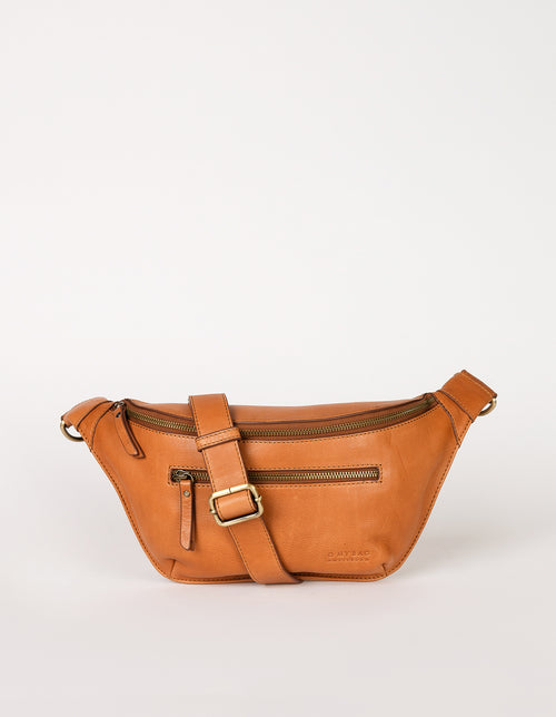 Drew Bum Bag in Wild Oak soft grain leather with adjustable leather strap. Front product image.