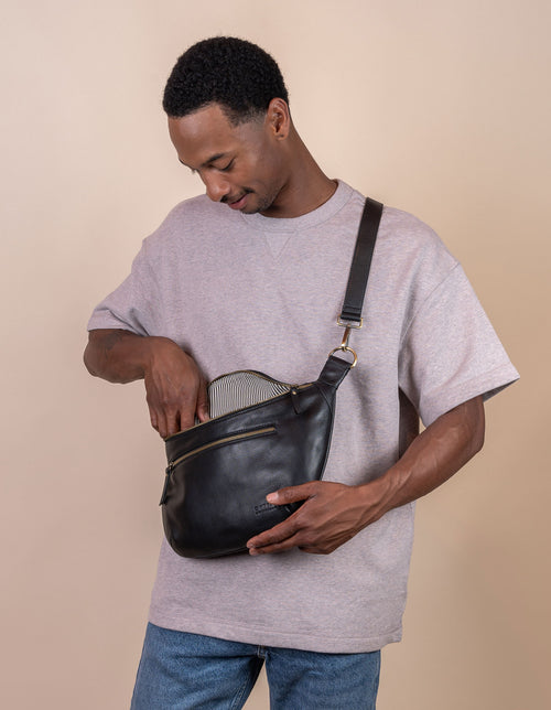 Drew Maxi Bum Bag in Black Soft Grain Leather - Model Image