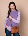 Wild Oak Soft Grain & Suede leather womens handbag. Square shape with an adjustable strap. Model product image