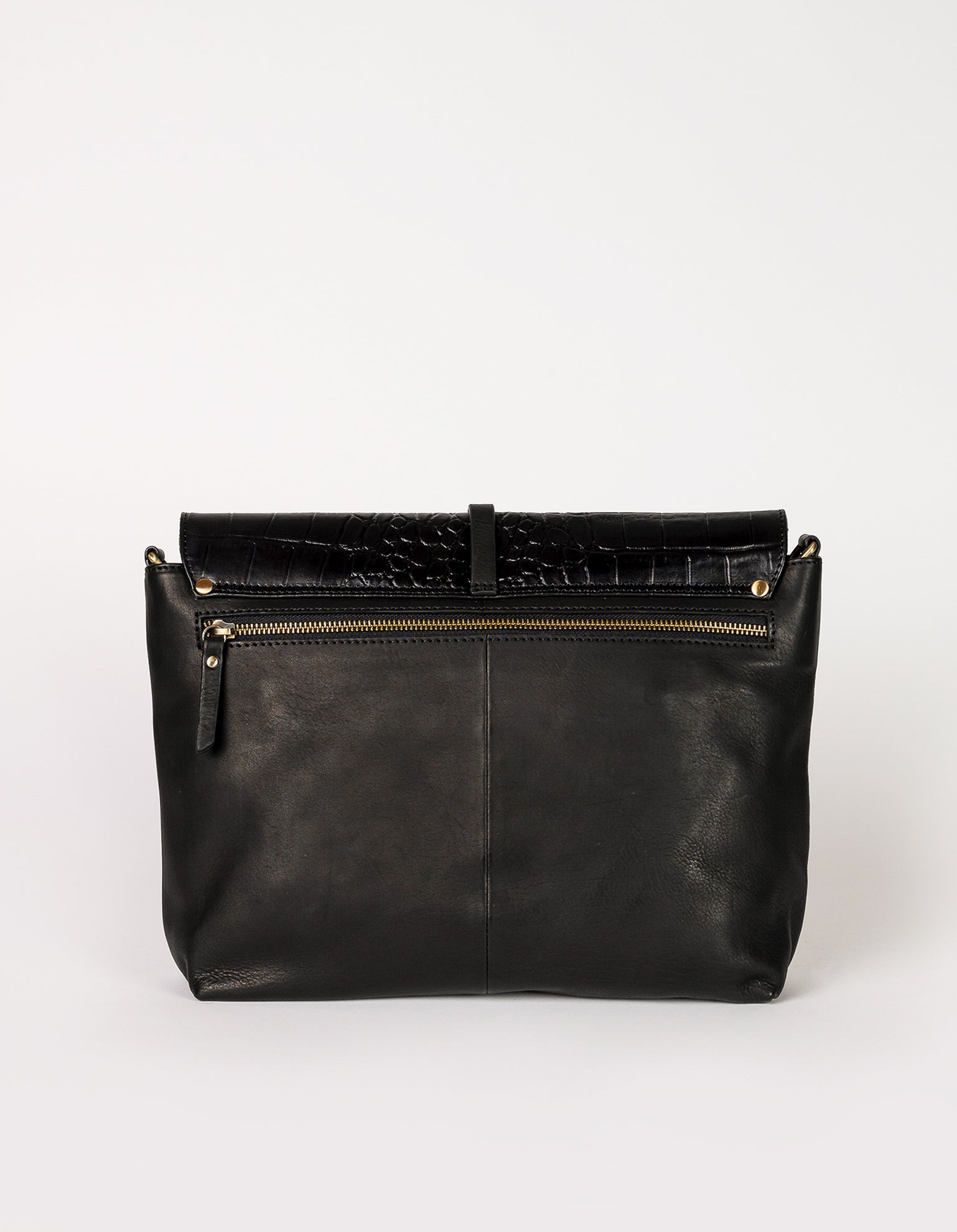 Black Classic Croco leather womens handbag. Square shape with an adjustable strap. Back product image.
