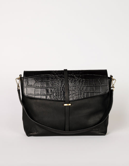 Black Classic Croco leather womens handbag. Square shape with an adjustable strap. Front product image.