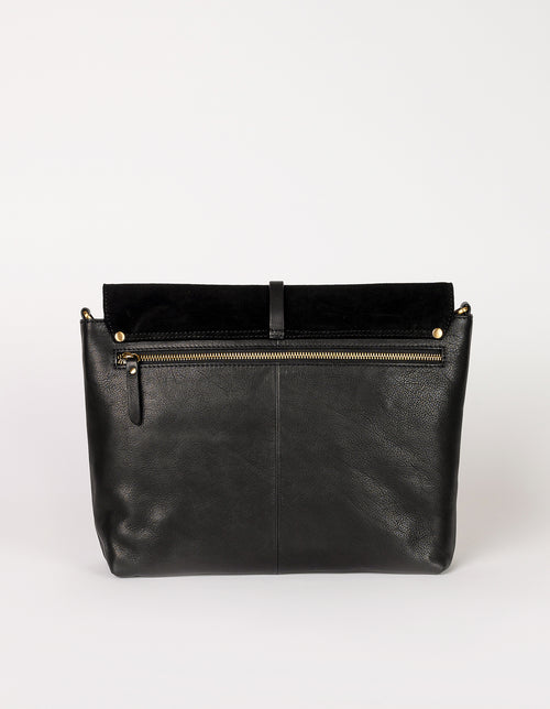 Black Soft Grain & Suede leather womens handbag. Square shape with an adjustable strap. Back product image.
