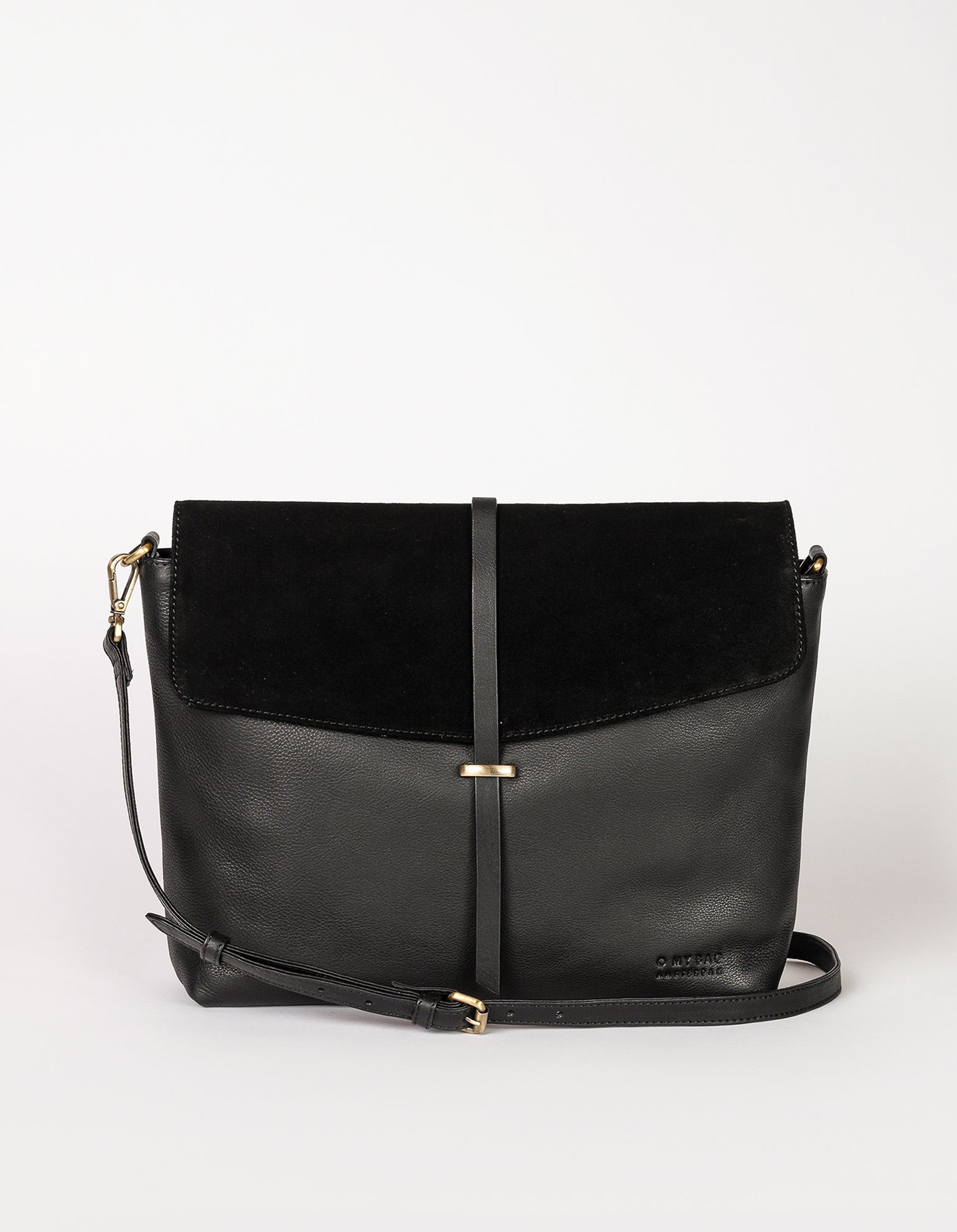 Black Soft Grain & Suede leather womens handbag. Square shape with an adjustable strap. Front product image.