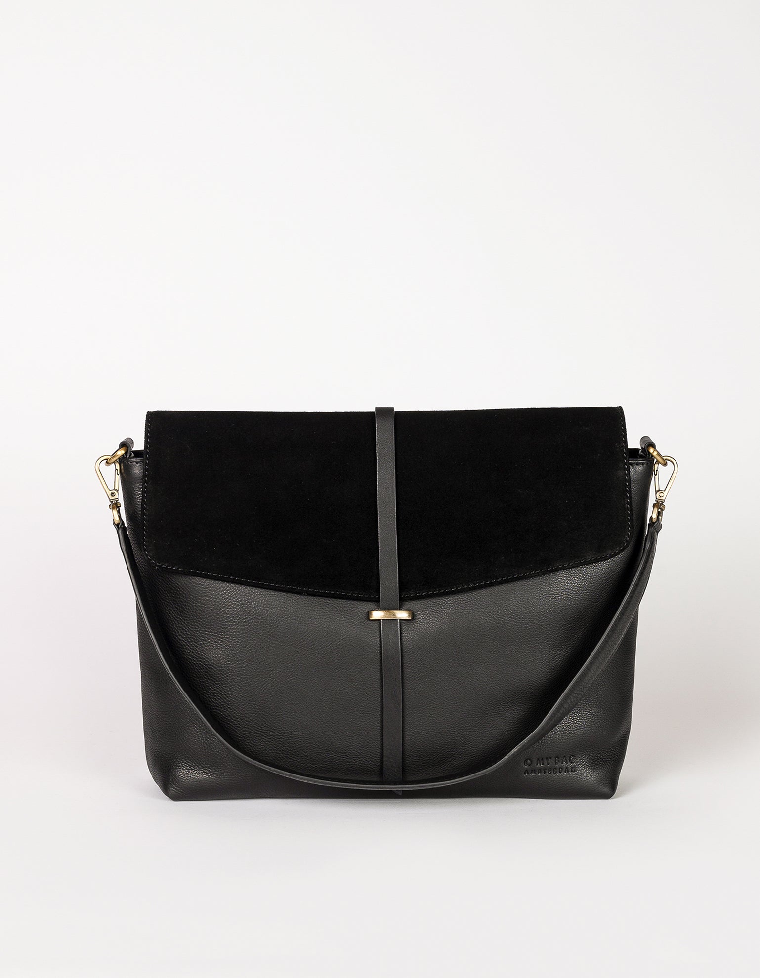 Black Soft Grain & Suede leather womens handbag. Square shape with short adjustable strap. Front product image.