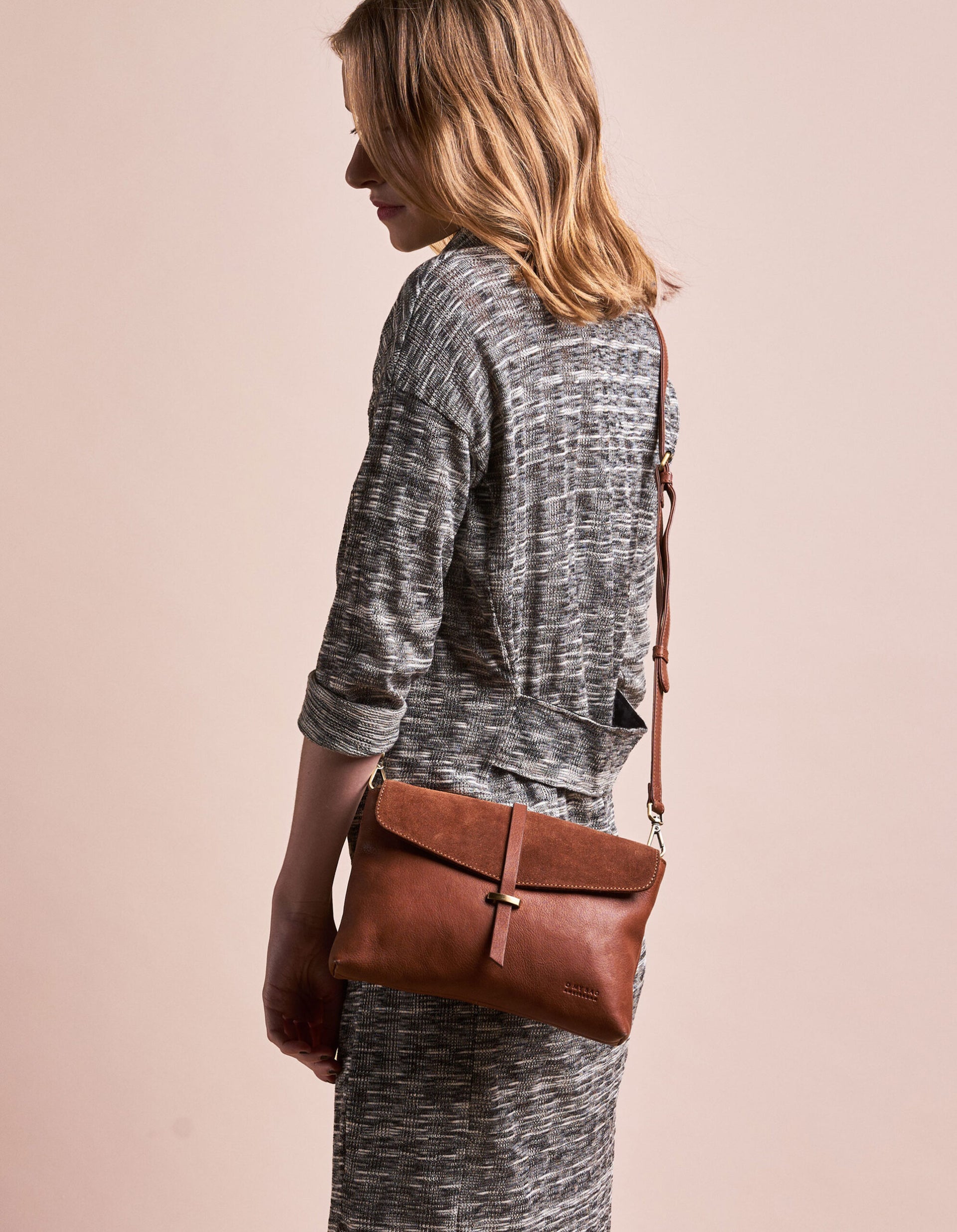 Wild Oak Soft Grain & Suede leather womens handbag. Square shape with an adjustable strap. Model product image