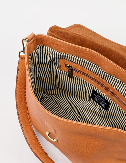 Wild Oak Soft Grain & Suede leather womens handbag. Square shape with an adjustable strap. Inside product image.