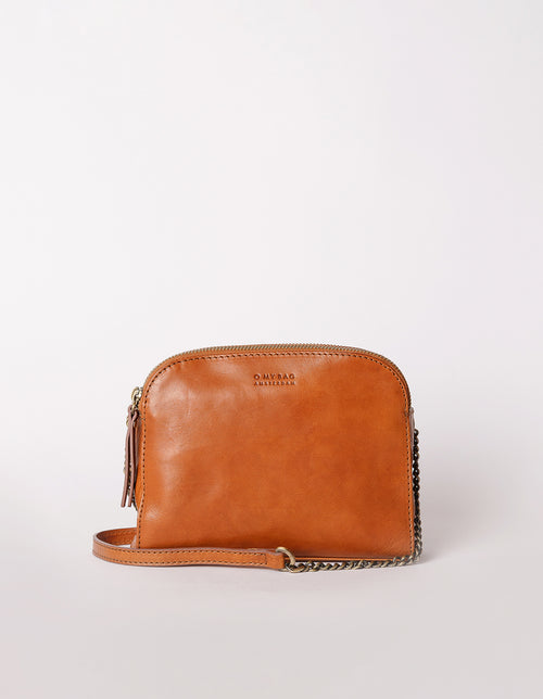Cognac Leather womens handbag. Square shape with an adjustable leather & chain strap. Front product image